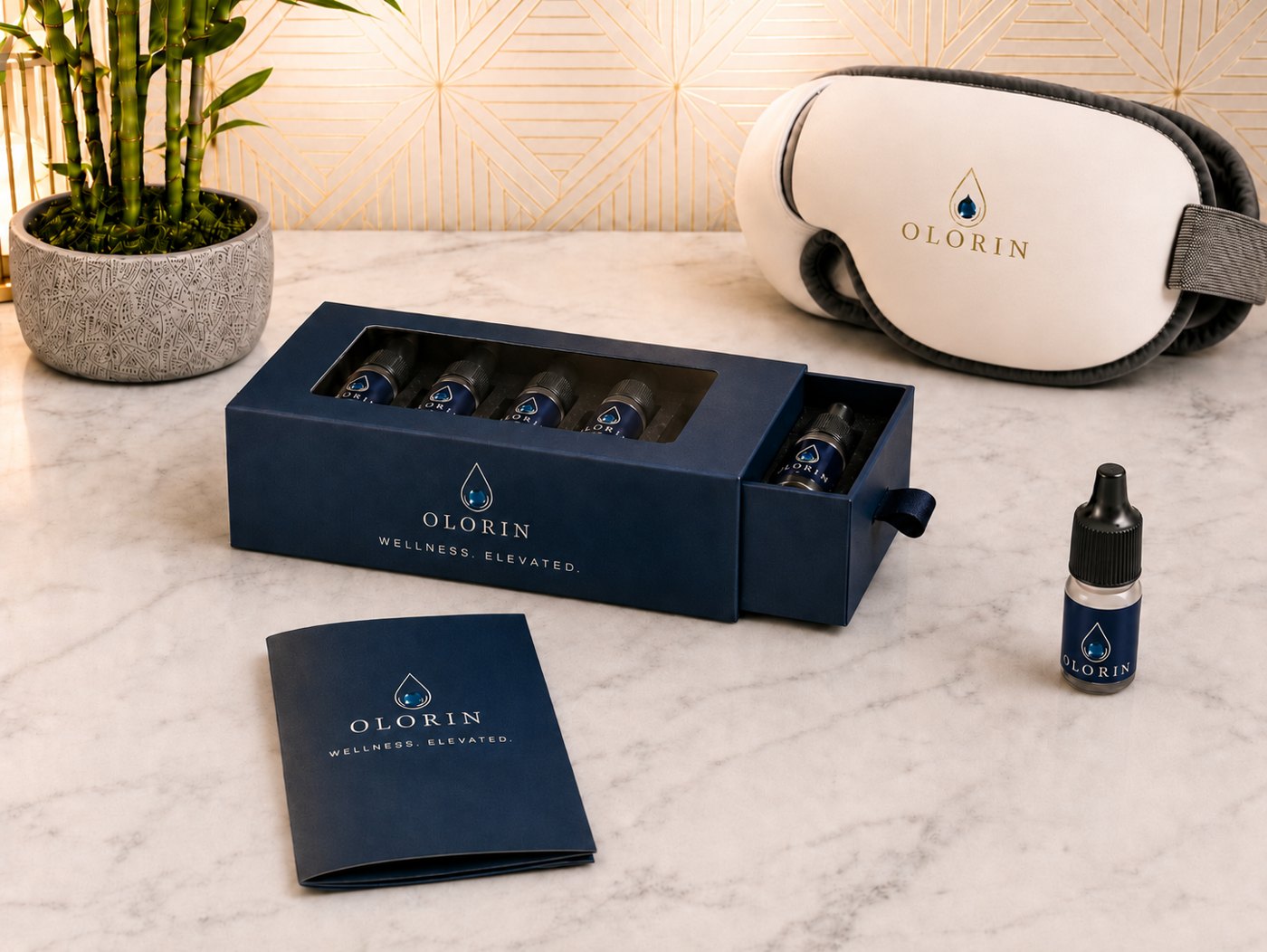 Olorin ocular wellness kit with dropper bottles and relax and regenerate eye mask